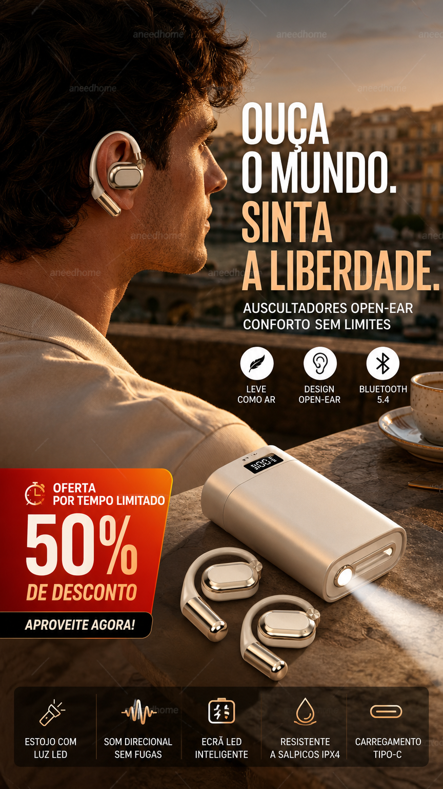 🎧 50% DE DESCONTO – Auscultadores Wireless Abertos com Ajuste Confortável | Leves, sem pressão & som ambiente natural