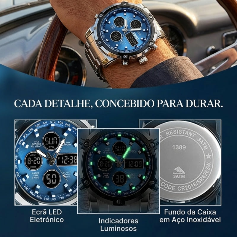 Relógio militar à prova de água para homem – analógico-digital, aço inoxidável e resistente a choques 🛡️