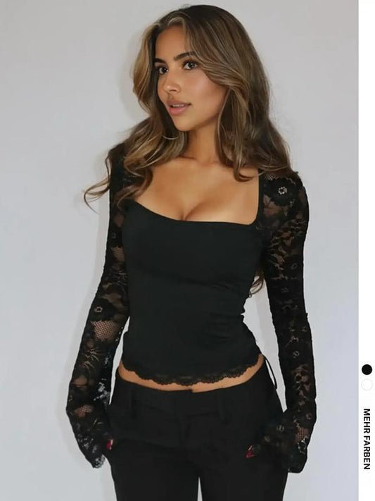 50% RABATT✨Einfarbiges Damen-T-Shirt – Spitzenblumenmuster, Gesplittete Rüschen & Transparente Ärmel für Romantischen Look ✨