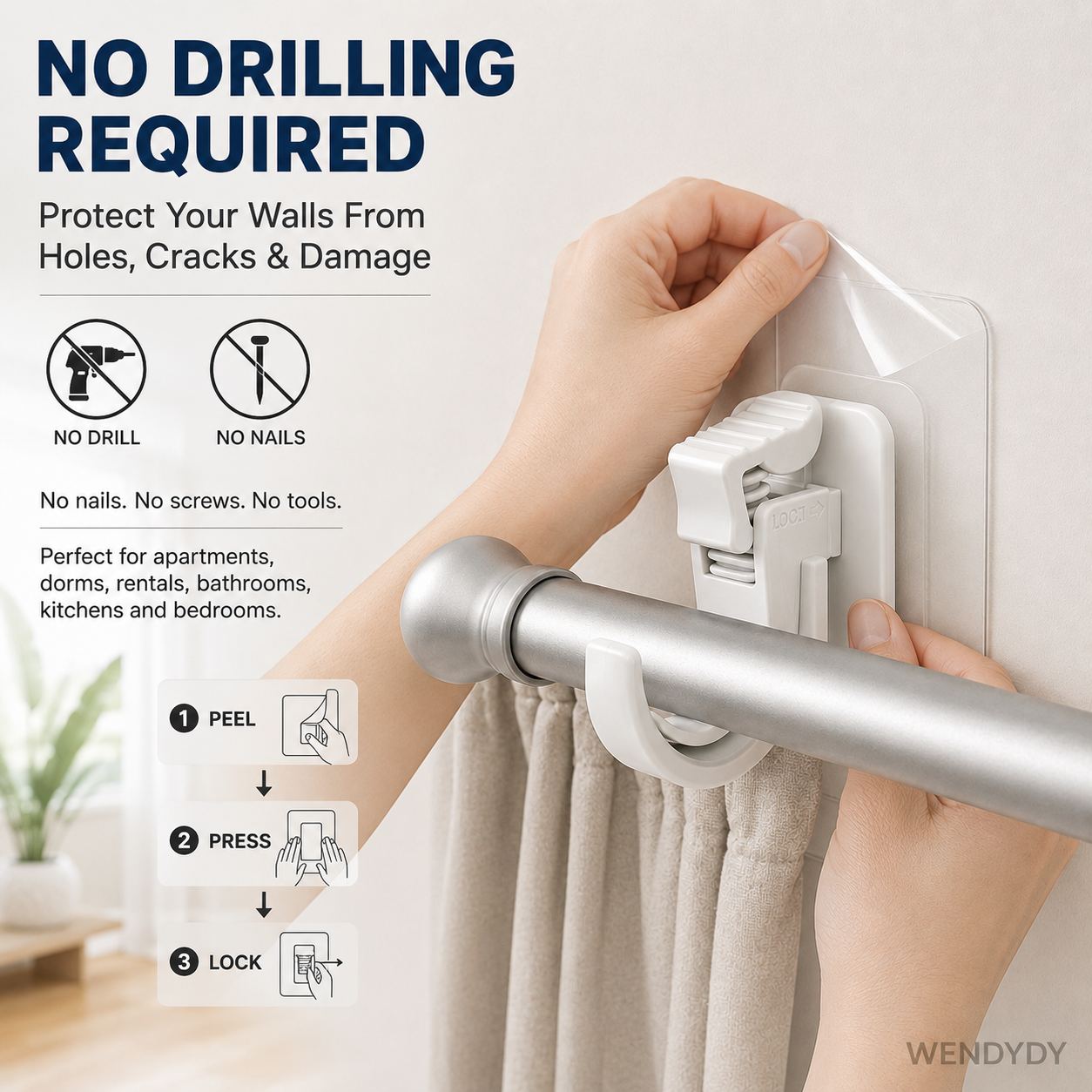 🔧 50% DE DESCONTO – Suporte Ajustável para Varal de Cortina Sem Pregos | Adesivo forte, instalação sem furos & adequado para diversas superfícies 🏠