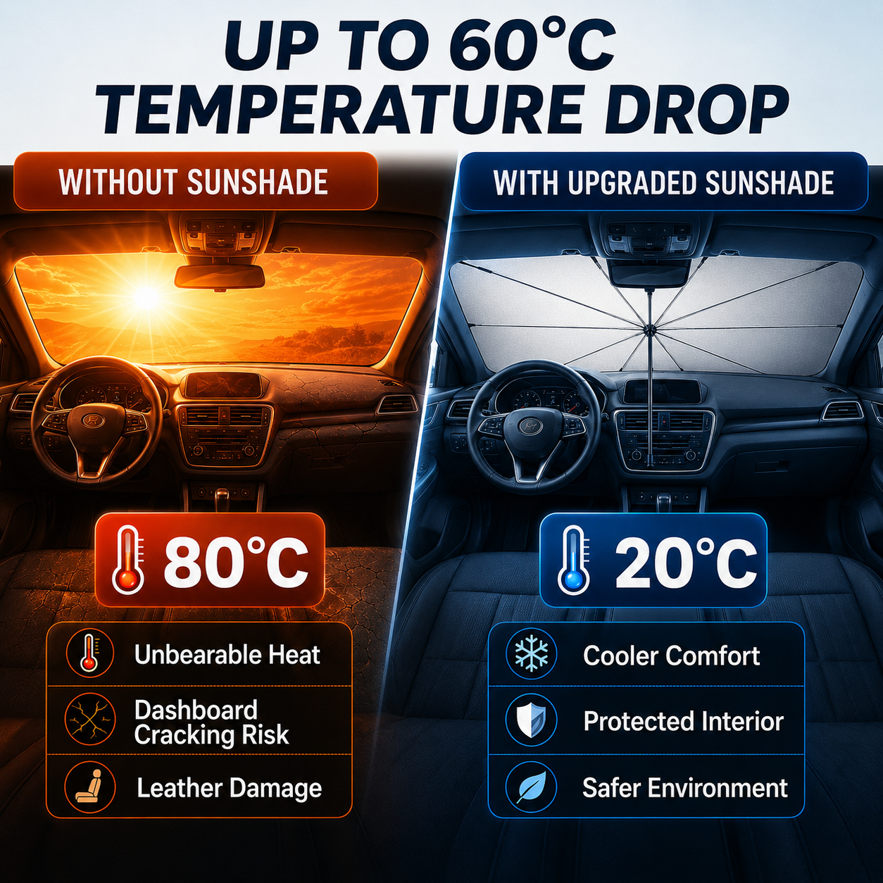 🚗 50% DE DESCONTO – Compre 2 e Ganhe 10% OFF 💝 Guarda-sol Dobrável para Para-brisas | Protege do sol, fácil de guardar & prático 🌞