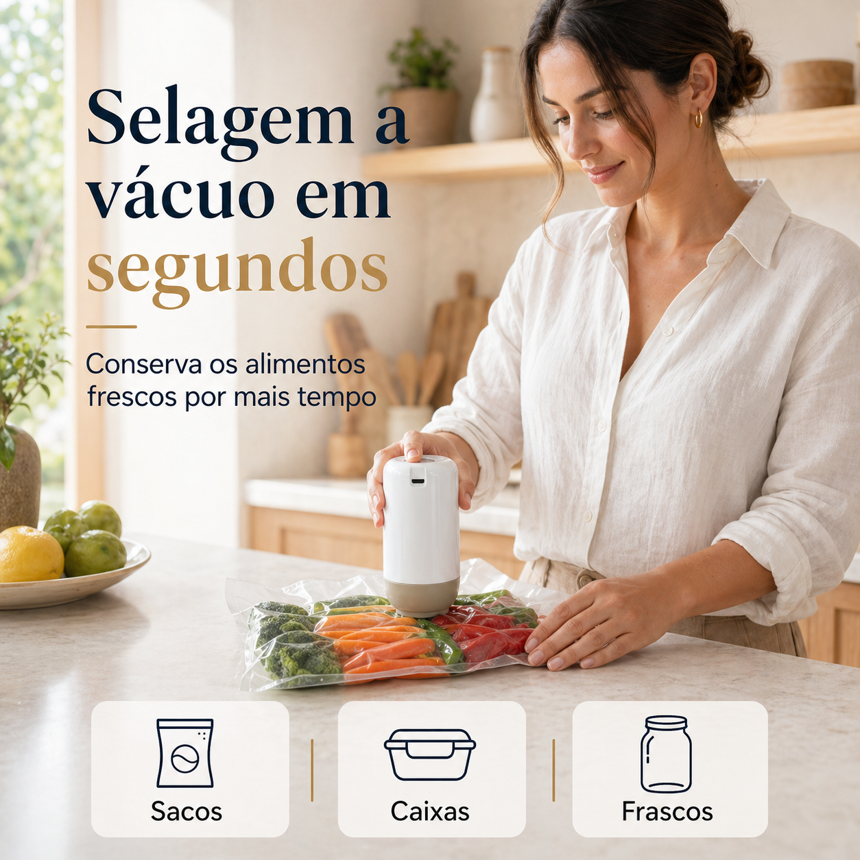 🔋 50% DE DESCONTO🔥 – Bomba elétrica portátil para selagem a vácuo | Remove o ar em segundos – Conserva alimentos por mais tempo
