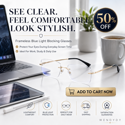 🔥50% DE DESCONTO🔍 Óculos sem aro com filtro de luz azul | Tecnologia avançada de filtragem de luz azul · 👓 Design elegante sem aro · Perfeitos tanto para ocasiões informais como profissionai