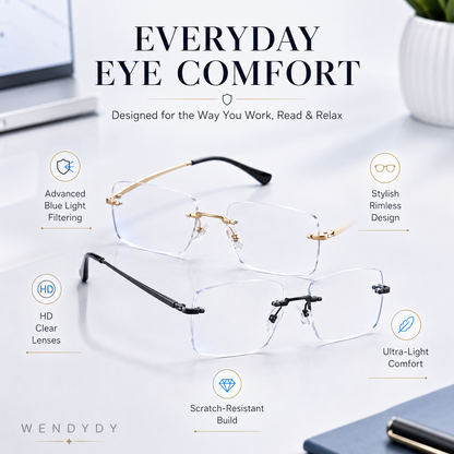 🔥50% DE DESCONTO🔍 Óculos sem aro com filtro de luz azul | Tecnologia avançada de filtragem de luz azul · 👓 Design elegante sem aro · Perfeitos tanto para ocasiões informais como profissionai