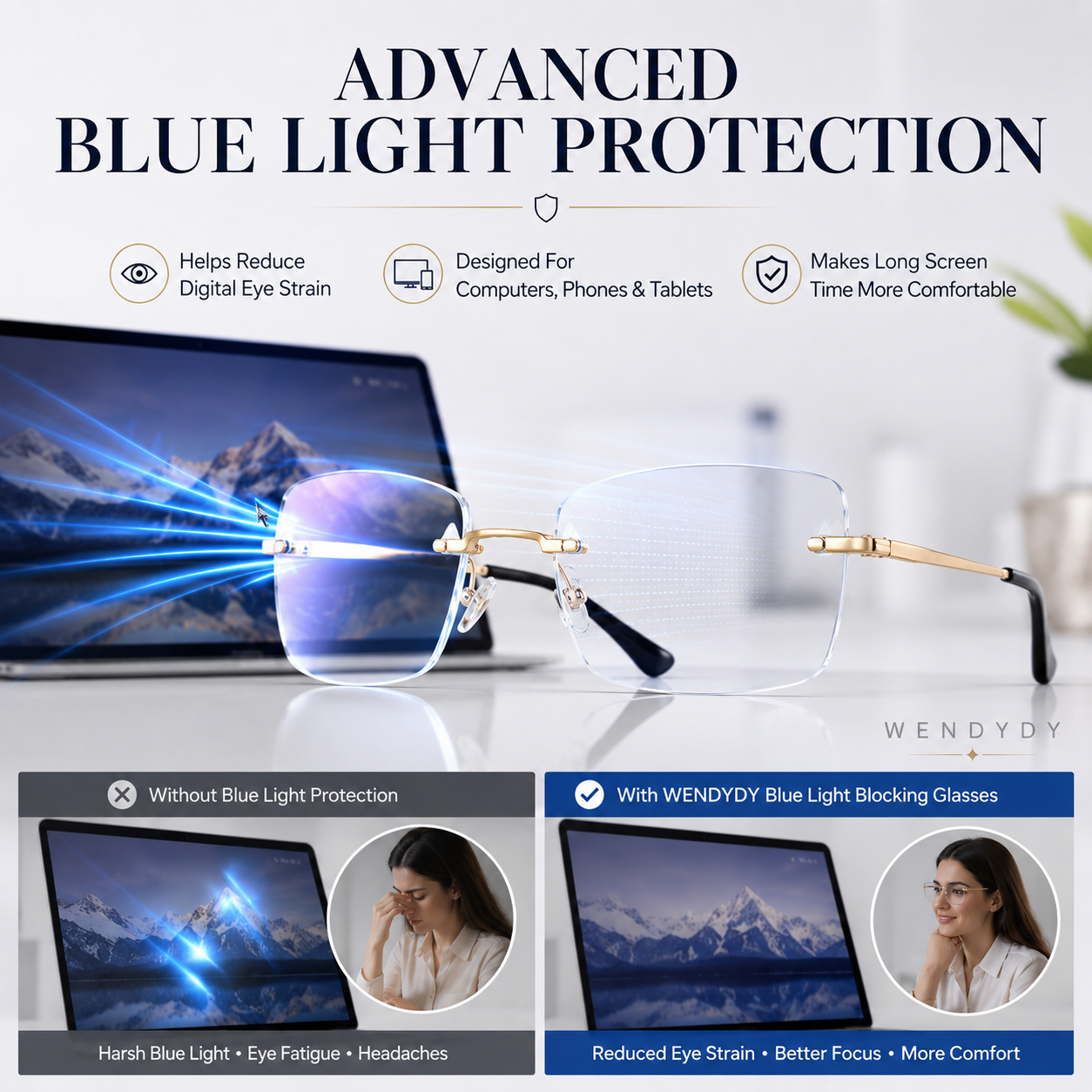 🔥50% DE DESCONTO🔍 Óculos sem aro com filtro de luz azul | Tecnologia avançada de filtragem de luz azul · 👓 Design elegante sem aro · Perfeitos tanto para ocasiões informais como profissionai