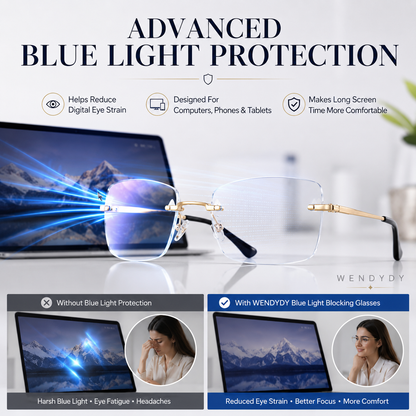 🔥50% DE DESCONTO🔍 Óculos sem aro com filtro de luz azul | Tecnologia avançada de filtragem de luz azul · 👓 Design elegante sem aro · Perfeitos tanto para ocasiões informais como profissionai