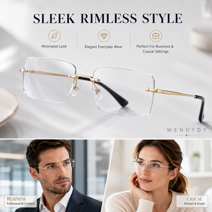 🔥50% DE DESCONTO🔍 Óculos sem aro com filtro de luz azul | Tecnologia avançada de filtragem de luz azul · 👓 Design elegante sem aro · Perfeitos tanto para ocasiões informais como profissionai