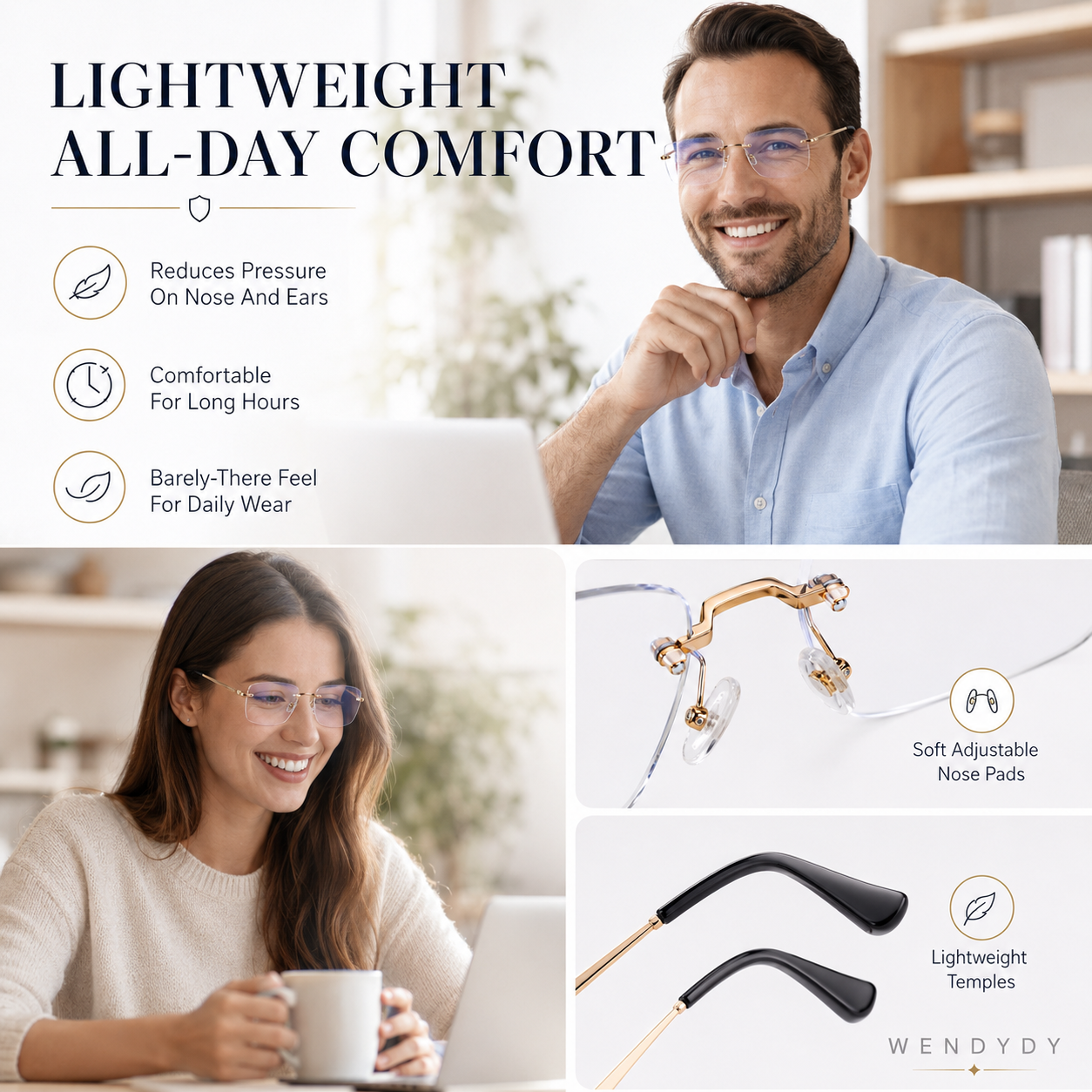 🔥50% DE DESCONTO🔍 Óculos sem aro com filtro de luz azul | Tecnologia avançada de filtragem de luz azul · 👓 Design elegante sem aro · Perfeitos tanto para ocasiões informais como profissionai