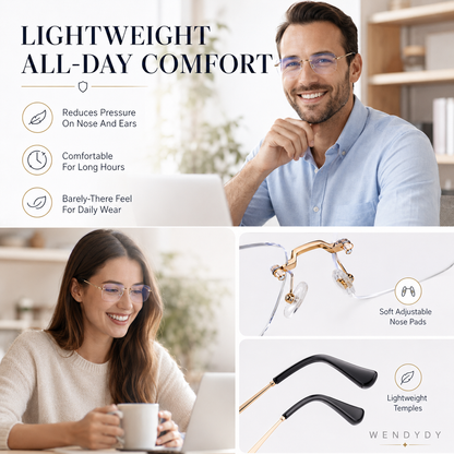 🔥50% DE DESCONTO🔍 Óculos sem aro com filtro de luz azul | Tecnologia avançada de filtragem de luz azul · 👓 Design elegante sem aro · Perfeitos tanto para ocasiões informais como profissionai