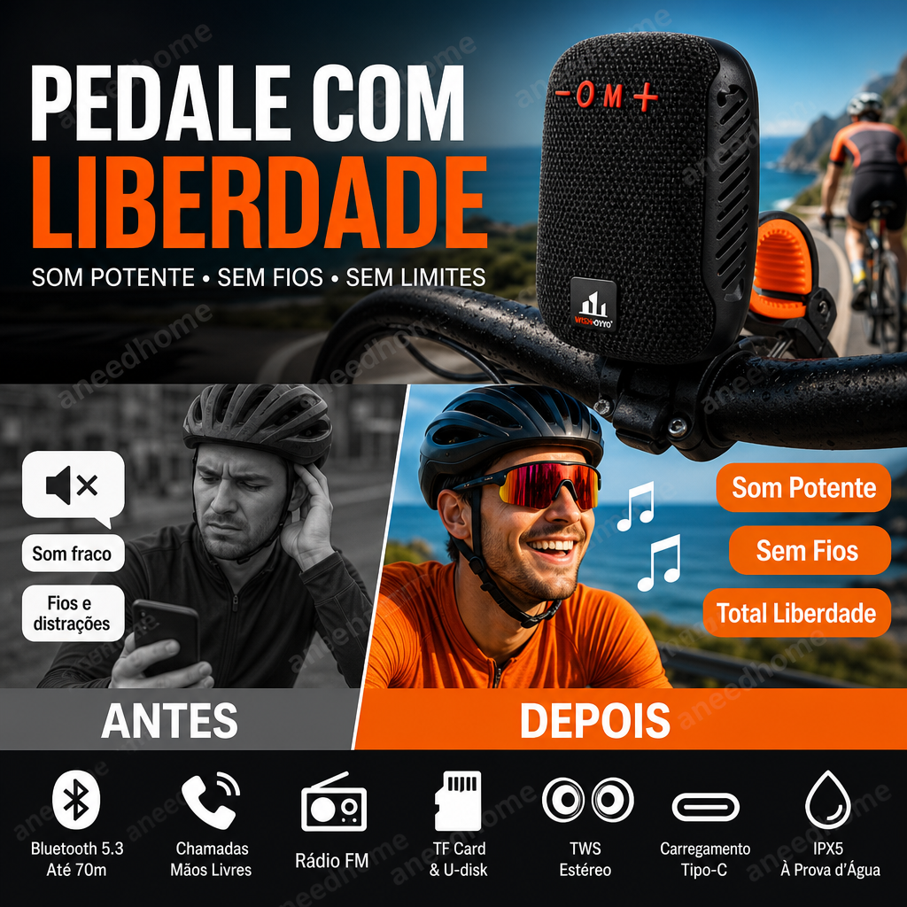 🚲 50% DE DESCONTO – Coluna Bluetooth Impermeável para Bicicleta | IPX5, TWS, som potente & fácil montagem 🎵🔊