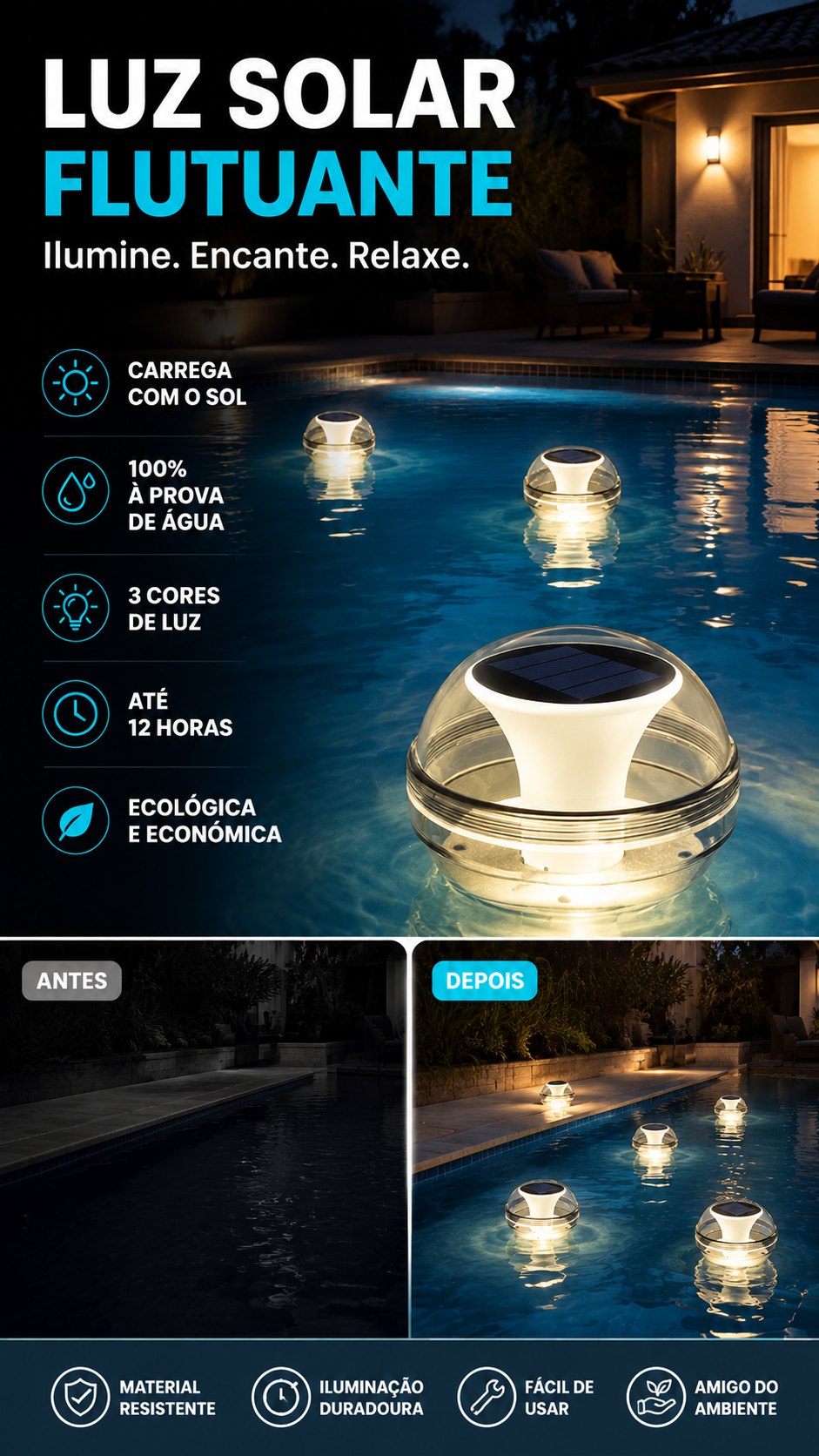 💡 50% DE DESCONTO – Luz Solar Flutuante para Piscina | Ilumina, decora & automática 🌊