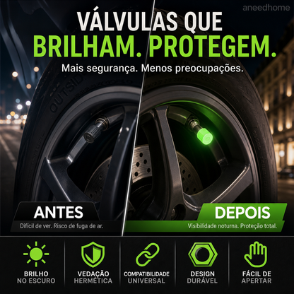 🚗 50% DE DESCONTO – Tampa de Válvula de Pneu Universal Luminosa | Visível à noite, fácil instalação & segurança extra