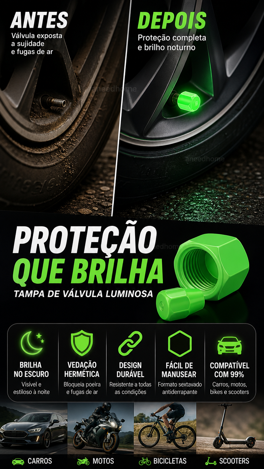 🚗 50% DE DESCONTO – Tampa de Válvula de Pneu Universal Luminosa | Visível à noite, fácil instalação & segurança extra