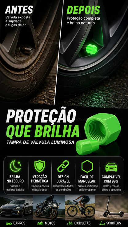 🚗 50% DE DESCONTO – Tampa de Válvula de Pneu Universal Luminosa | Visível à noite, fácil instalação & segurança extra