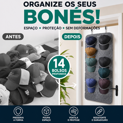 🧢 50% DE DESCONTO – Suporte Suspenso para Chapéus com Vários Bolsos | Organizador prático, economiza espaço & fácil acesso