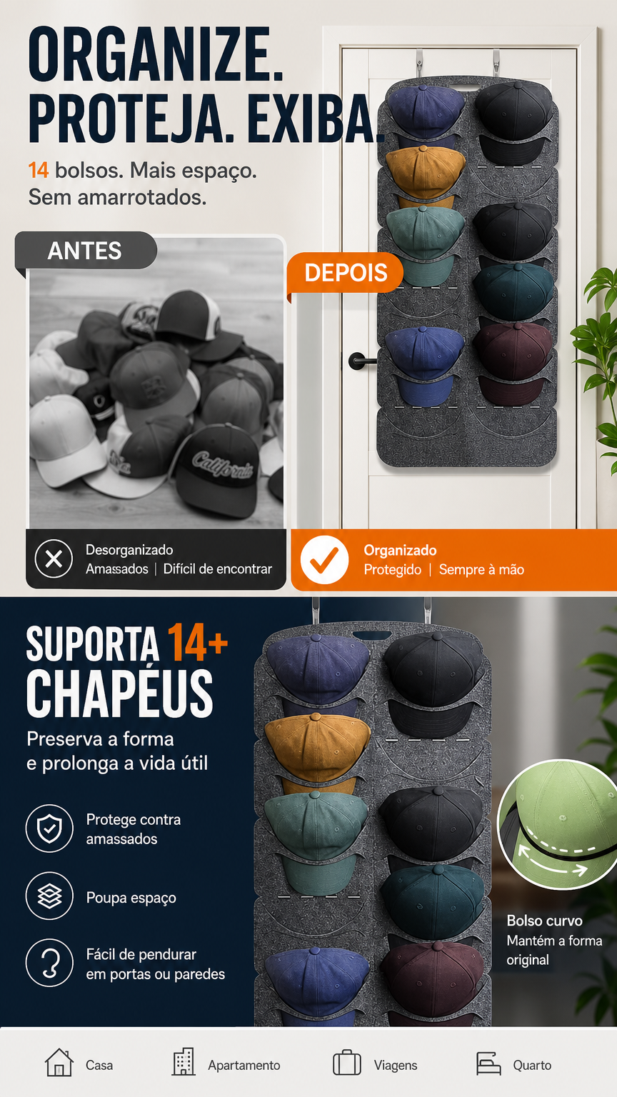 🧢 50% DE DESCONTO – Suporte Suspenso para Chapéus com Vários Bolsos | Organizador prático, economiza espaço & fácil acesso