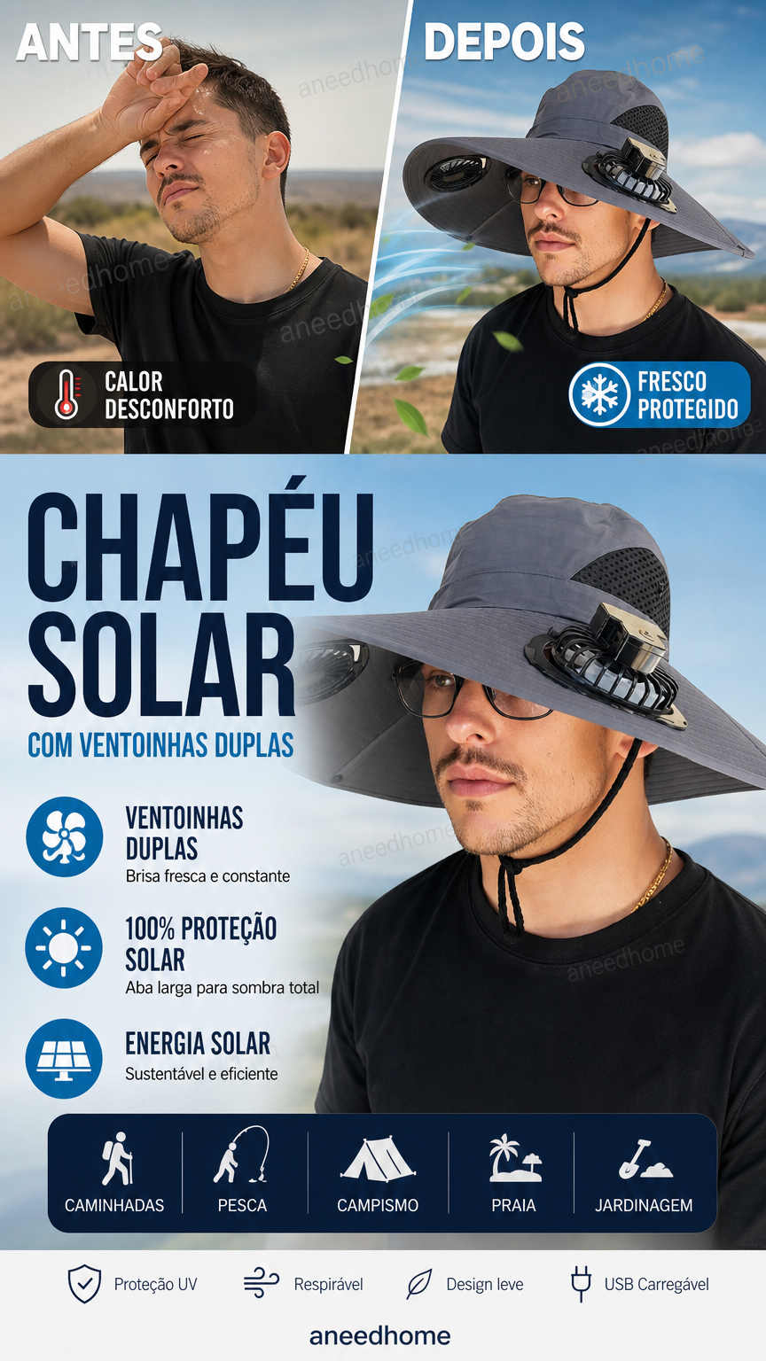 Outdoor Sun Ha🧢 50% DE DESCONTO – Chapéu Solar com Ventoinhas Duplas para Exterior | Fresco, prático & ideal para dias quentest with Dual Solar-Powered Fans
