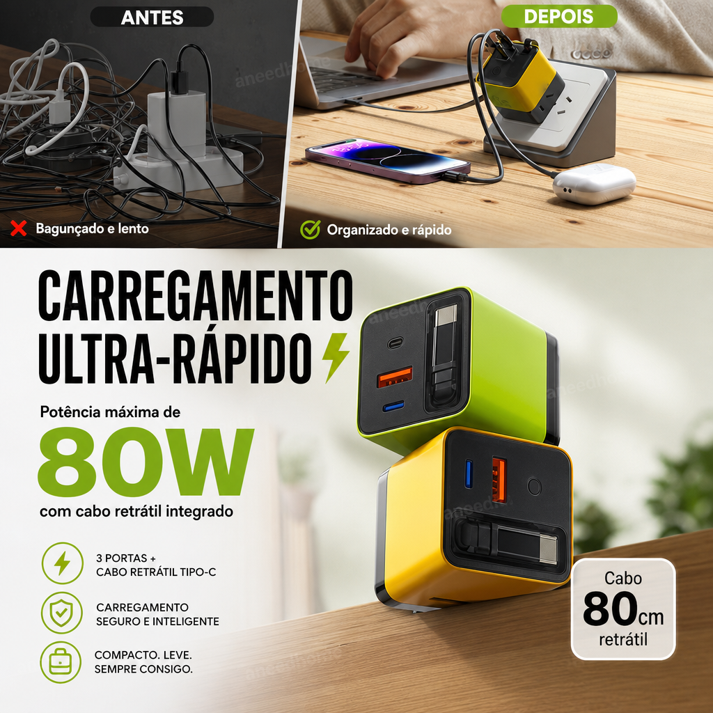🔋 50% DE DESCONTO – Carregador Rápido 80W com Cabo Type-C Retrátil de 80cm | Potente, compacto & ideal para viagens