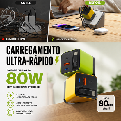 🔋 50% DE DESCONTO – Carregador Rápido 80W com Cabo Type-C Retrátil de 80cm | Potente, compacto & ideal para viagens