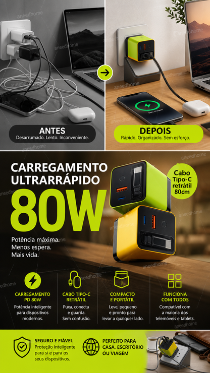 🔋 50% DE DESCONTO – Carregador Rápido 80W com Cabo Type-C Retrátil de 80cm | Potente, compacto & ideal para viagens