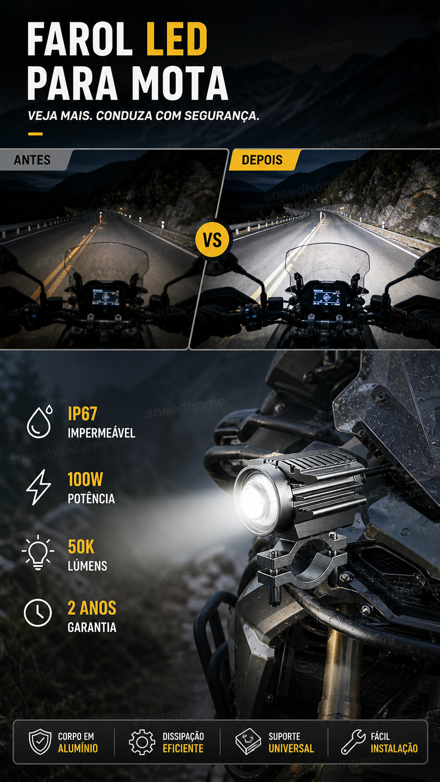 🏍️ 50% DE DESCONTO – Farol Auxiliar LED Universal para Moto | Duas cores, iluminação potente & fácil instalação