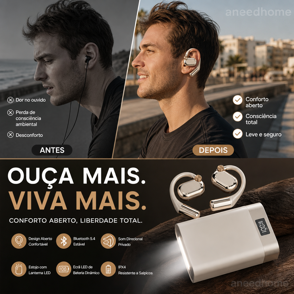 🎧 50% DE DESCONTO – Auscultadores Wireless Abertos com Ajuste Confortável | Leves, sem pressão & som ambiente natural