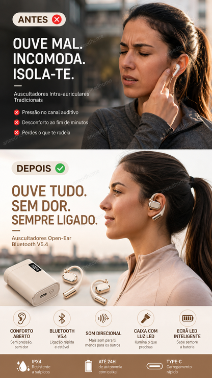 🎧 50% DE DESCONTO – Auscultadores Wireless Abertos com Ajuste Confortável | Leves, sem pressão & som ambiente natural