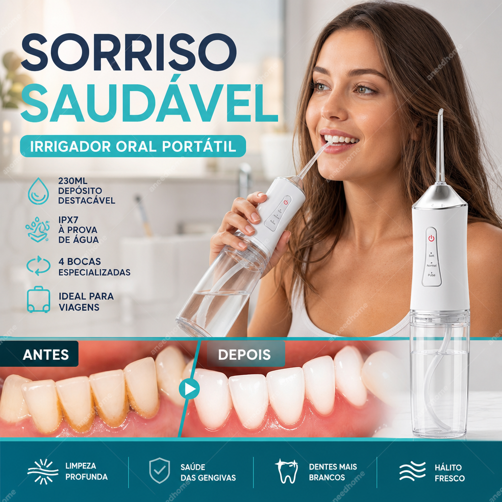 🦷 50% DE DESCONTO – Irrigador Dental Portátil Sem Fios | Limpeza profunda, fácil de usar & ideal para viagens