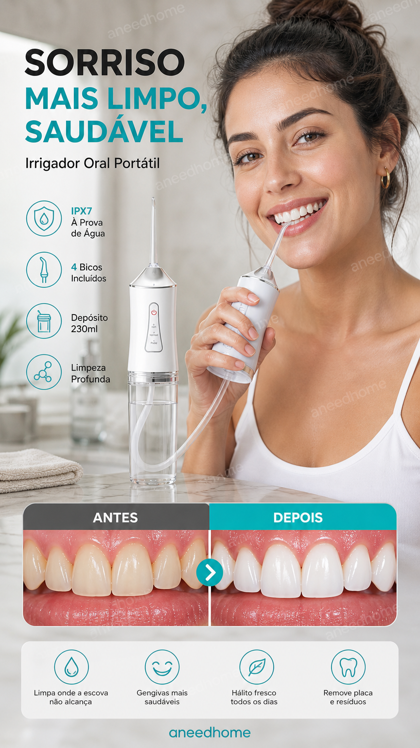 🦷 50% DE DESCONTO – Irrigador Dental Portátil Sem Fios | Limpeza profunda, fácil de usar & ideal para viagens