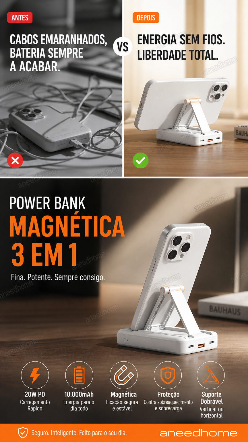 🔋 50% DE DESCONTO – Power Bank Magnético 3 em 1 com Cabos Duplos | Carregamento sem fios, portátil & ideal para viagens