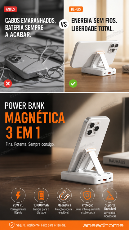 🔋 50% DE DESCONTO – Power Bank Magnético 3 em 1 com Cabos Duplos | Carregamento sem fios, portátil & ideal para viagens