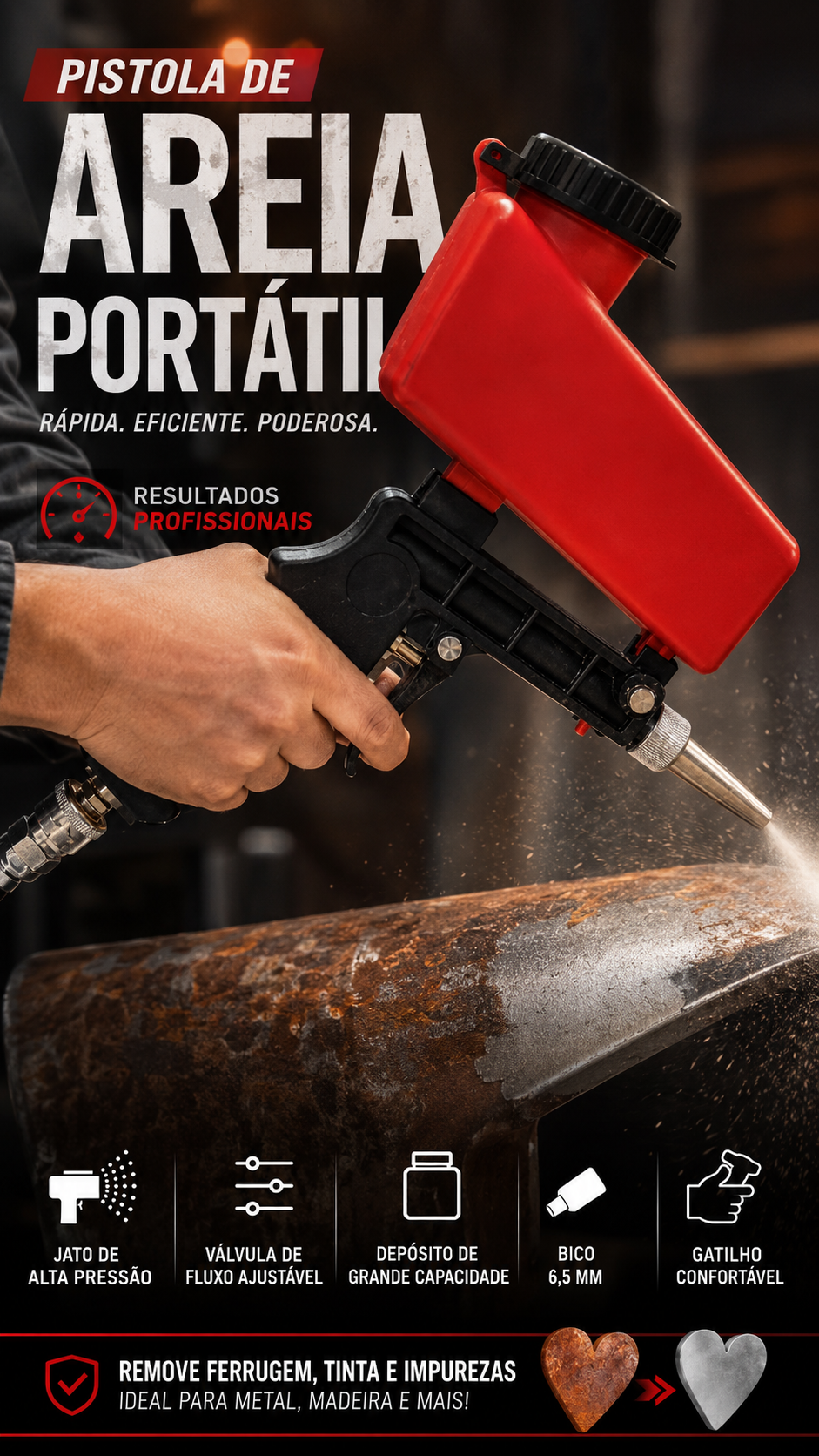 🔧 50% DE DESCONTO – Pistola Portátil de Jato de Areia Pneumática | Remove ferrugem, polia & detalha superfícies 🚀