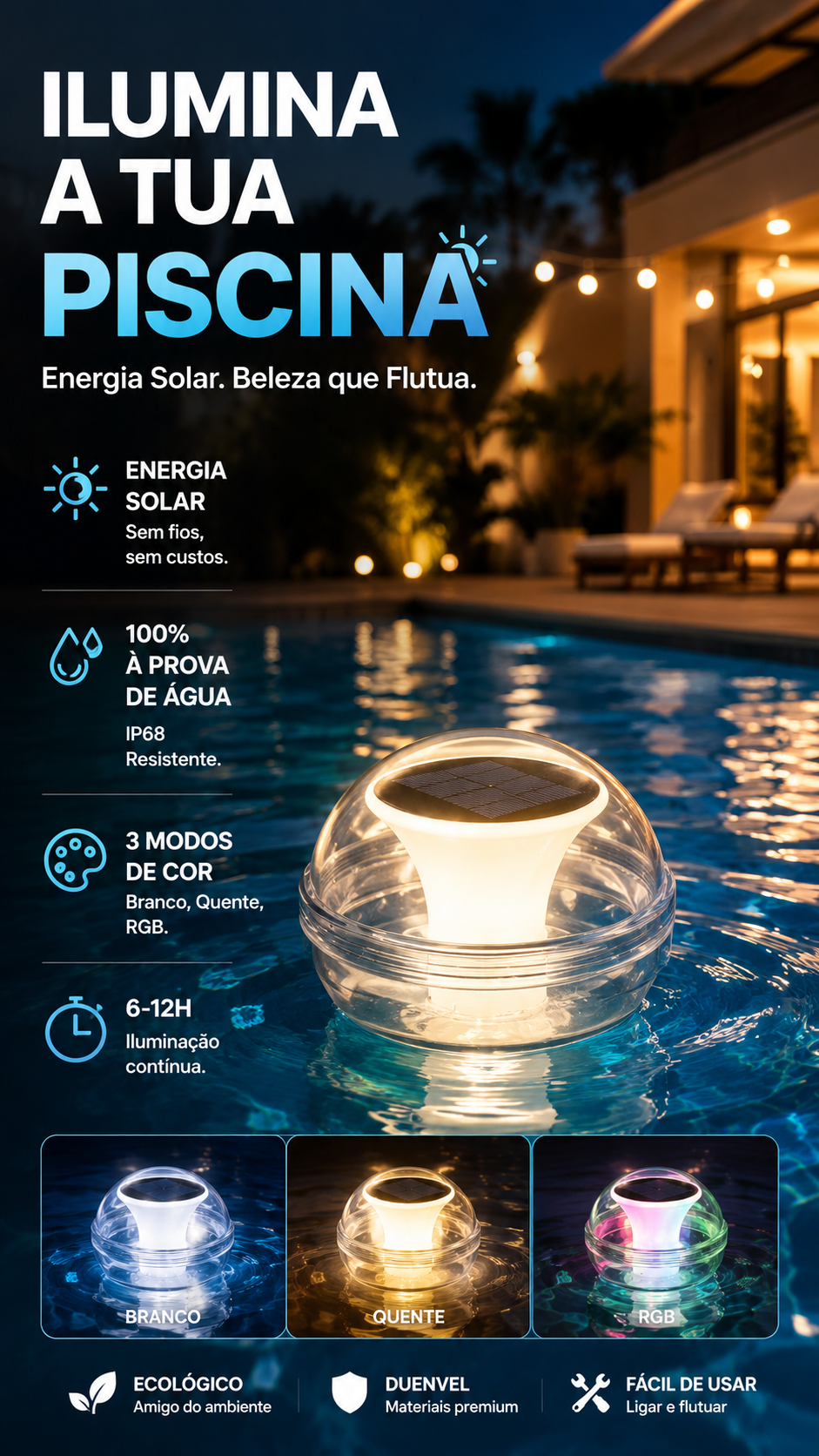 💡 50% DE DESCONTO – Luz Solar Flutuante para Piscina | Ilumina, decora & automática 🌊