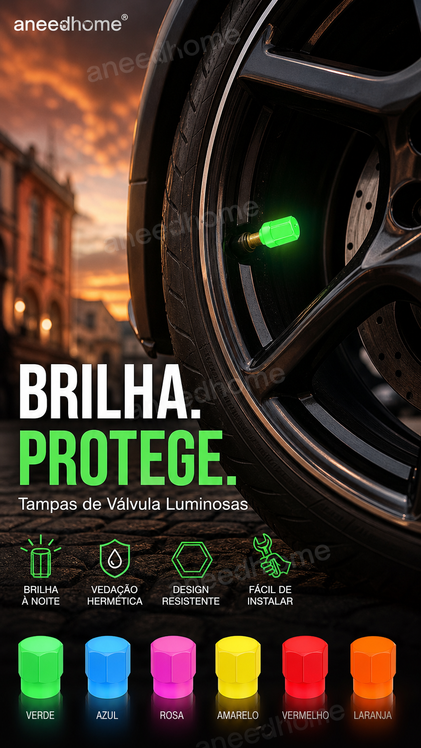 🚗 50% DE DESCONTO – Tampa de Válvula de Pneu Universal Luminosa | Visível à noite, fácil instalação & segurança extra