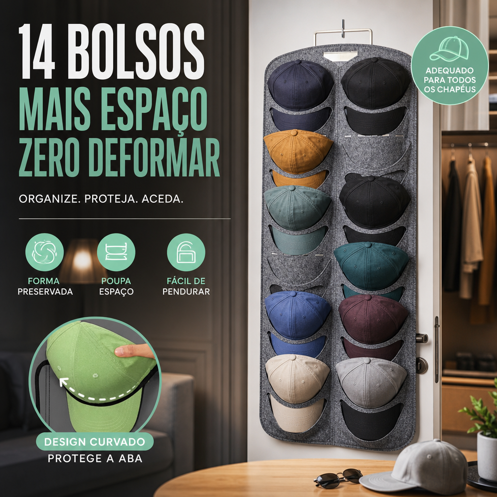 🧢 50% DE DESCONTO – Suporte Suspenso para Chapéus com Vários Bolsos | Organizador prático, economiza espaço & fácil acesso