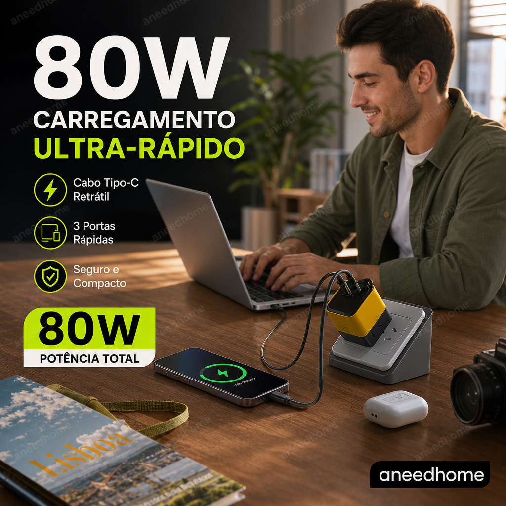 🔋 50% DE DESCONTO – Carregador Rápido 80W com Cabo Type-C Retrátil de 80cm | Potente, compacto & ideal para viagens
