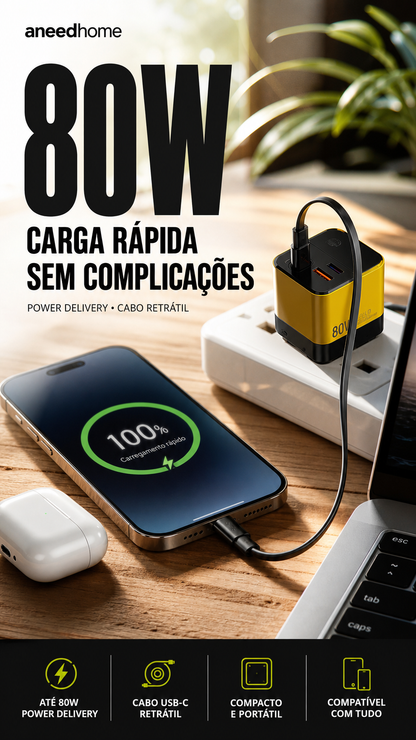 🔋 50% DE DESCONTO – Carregador Rápido 80W com Cabo Type-C Retrátil de 80cm | Potente, compacto & ideal para viagens