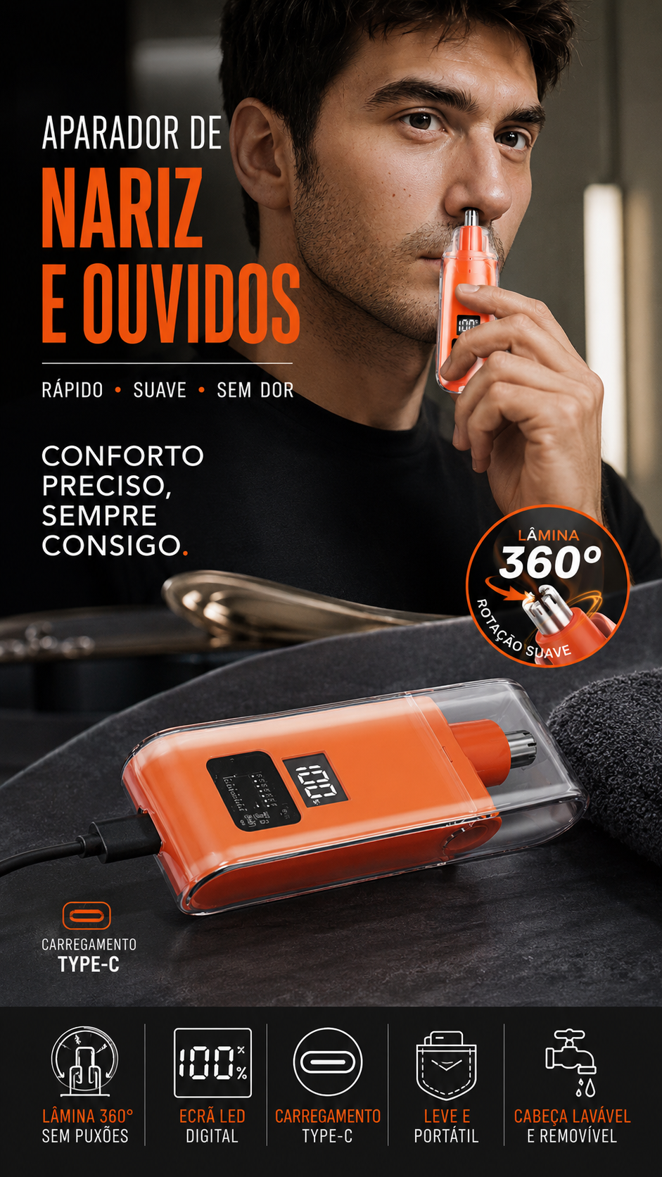 ✂️ 50% DE DESCONTO – Aparador Recarregável para Pelos do Nariz e Orelhas | Corra e garanta o seu, preciso & indolor 🚀🔥