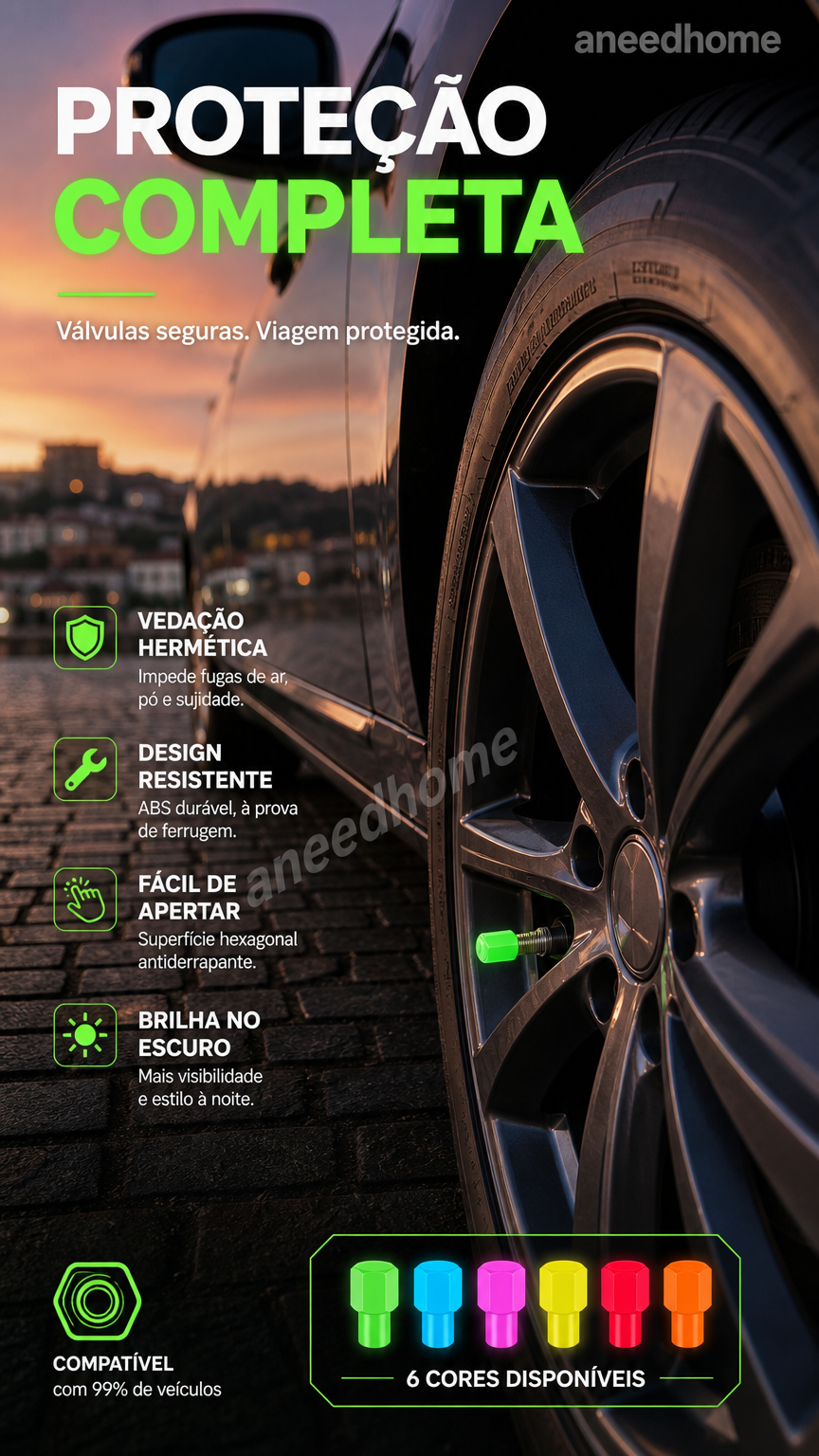 🚗 50% DE DESCONTO – Tampa de Válvula de Pneu Universal Luminosa | Visível à noite, fácil instalação & segurança extra