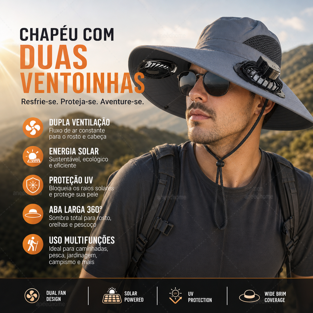Outdoor Sun Ha🧢 50% DE DESCONTO – Chapéu Solar com Ventoinhas Duplas para Exterior | Fresco, prático & ideal para dias quentest with Dual Solar-Powered Fans