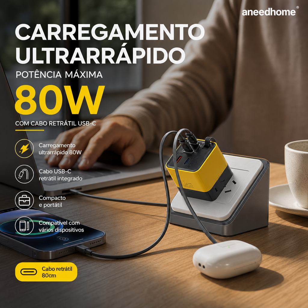 🔋 50% DE DESCONTO – Carregador Rápido 80W com Cabo Type-C Retrátil de 80cm | Potente, compacto & ideal para viagens