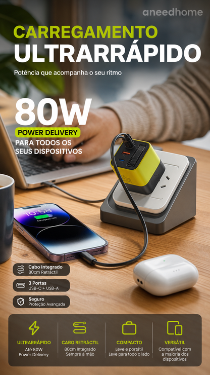 🔋 50% DE DESCONTO – Carregador Rápido 80W com Cabo Type-C Retrátil de 80cm | Potente, compacto & ideal para viagens