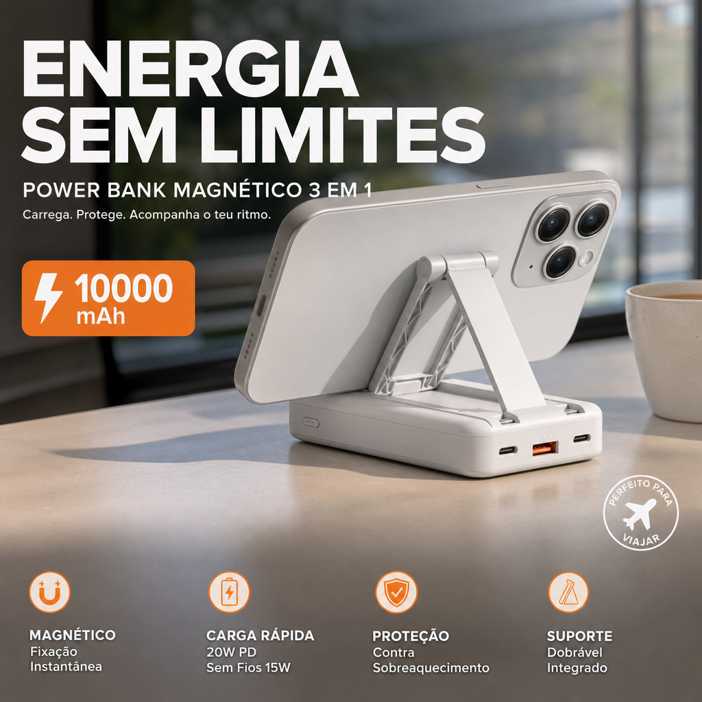 🔋 50% DE DESCONTO – Power Bank Magnético 3 em 1 com Cabos Duplos | Carregamento sem fios, portátil & ideal para viagens