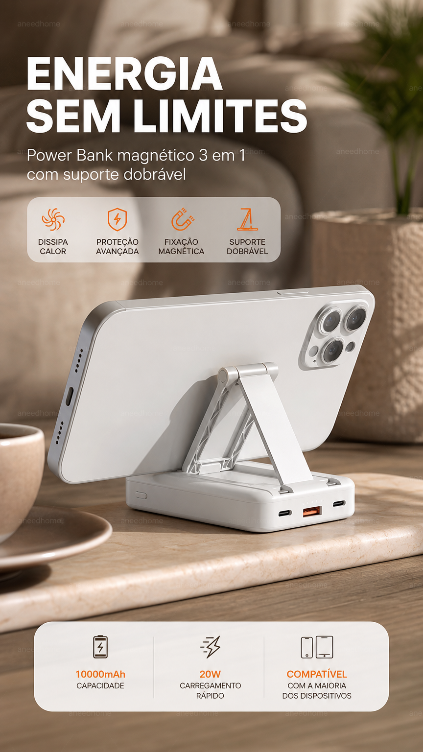 🔋 50% DE DESCONTO – Power Bank Magnético 3 em 1 com Cabos Duplos | Carregamento sem fios, portátil & ideal para viagens