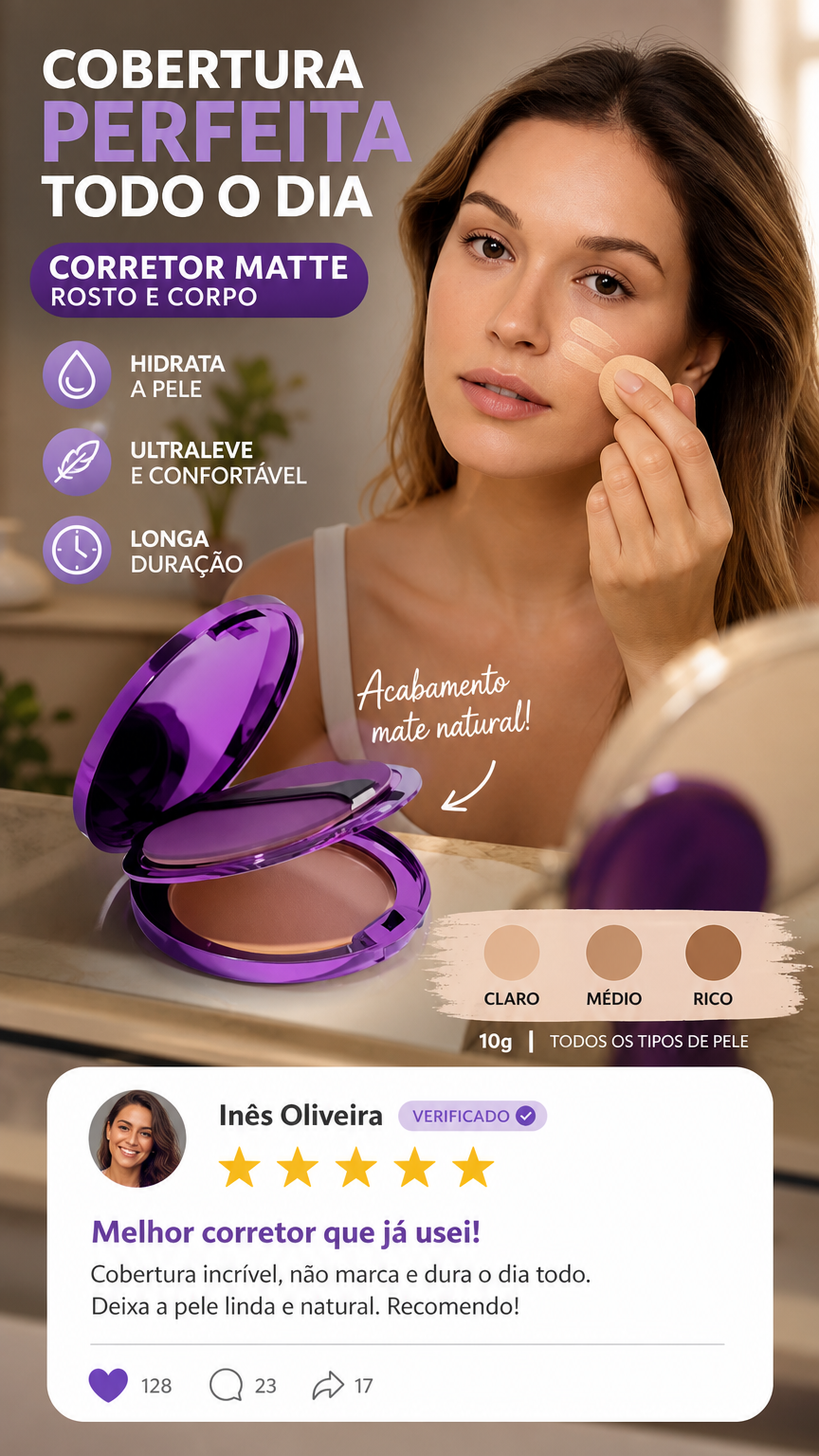 💜 50% DE DESCONTO – ÚLTIMO DIA 💜 Corretivo Matte para Rosto e Corpo | Alta cobertura, acabamento natural & longa duração