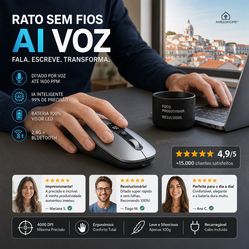 🖱️ 50% DE DESCONTO – Rato Sem Fios com Voz Inteligente AI | Comando por voz, prático & inovador 💬⏳