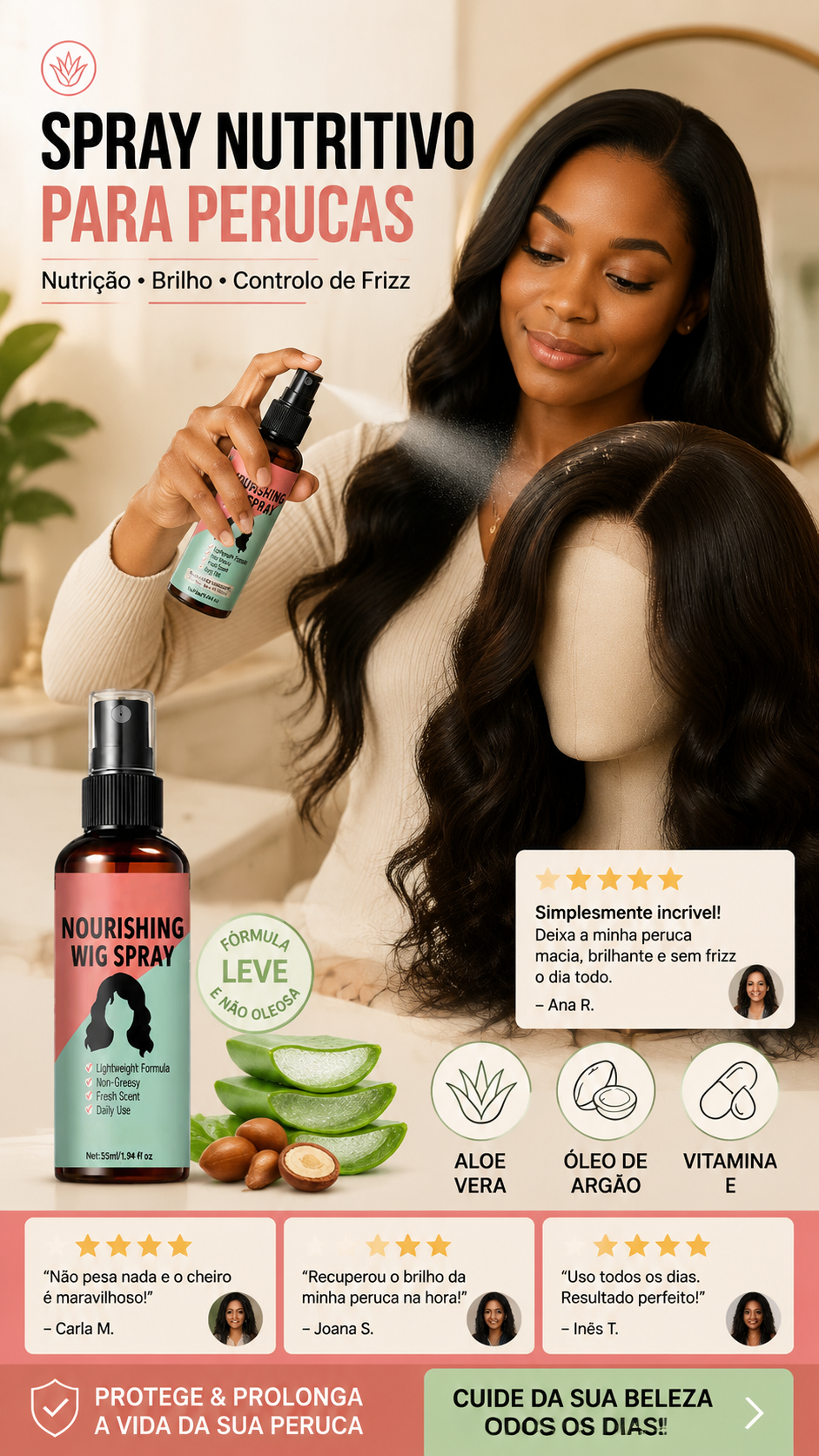 ✨ 50% DE DESCONTO – Spray Leve para Peruca com Nutrição sem Enxágue | Revitaliza, fácil aplicar & sem resíduos 🧖‍♀️