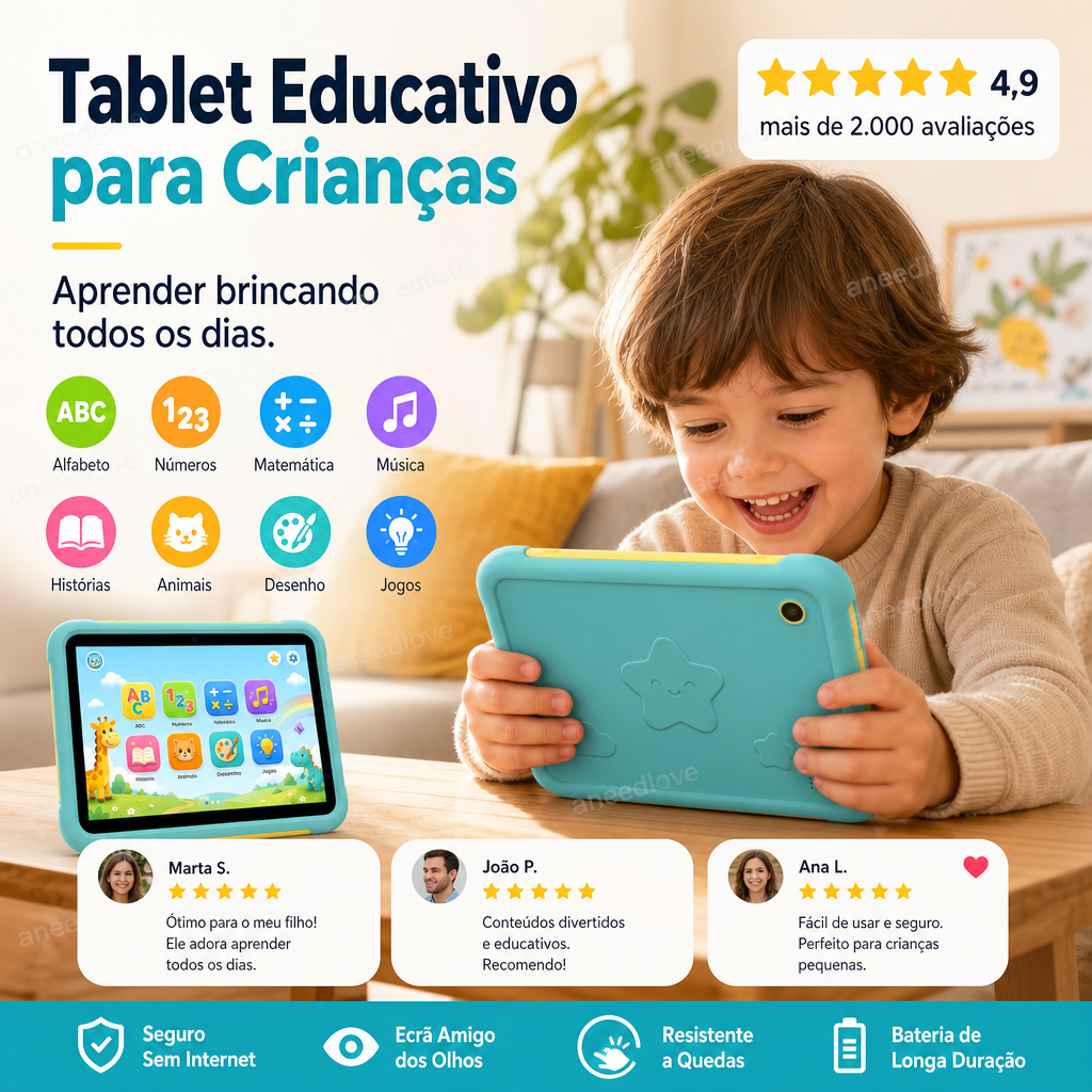 📚 50% DE DESCONTO – Tablet Educativo Infantil | Aprendizagem interativa, conteúdo pedagógico & tela protetora ✨🧒