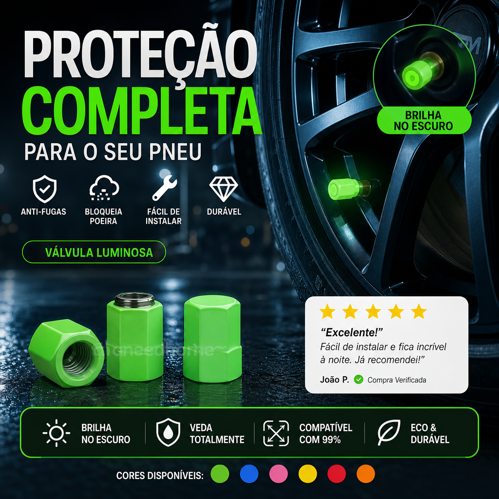 🚗 50% DE DESCONTO – Tampa de Válvula de Pneu Universal Luminosa | Visível à noite, fácil instalação & segurança extra