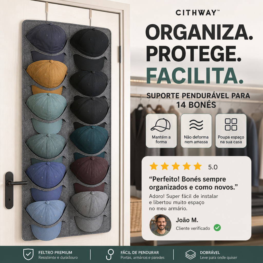 🧢 50% DE DESCONTO – Suporte Suspenso para Chapéus com Vários Bolsos | Organizador prático, economiza espaço & fácil acesso